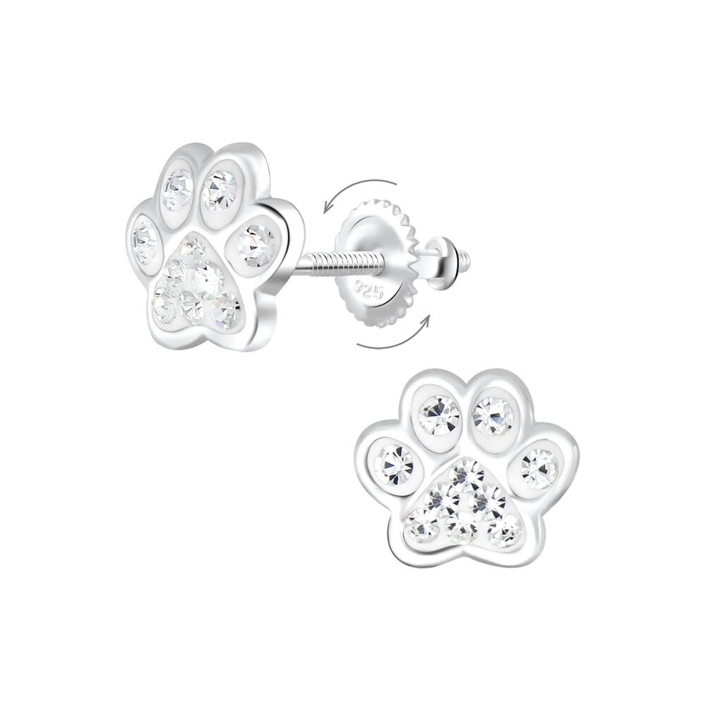 Silver Paw Print Crystal Screw Back Earrings